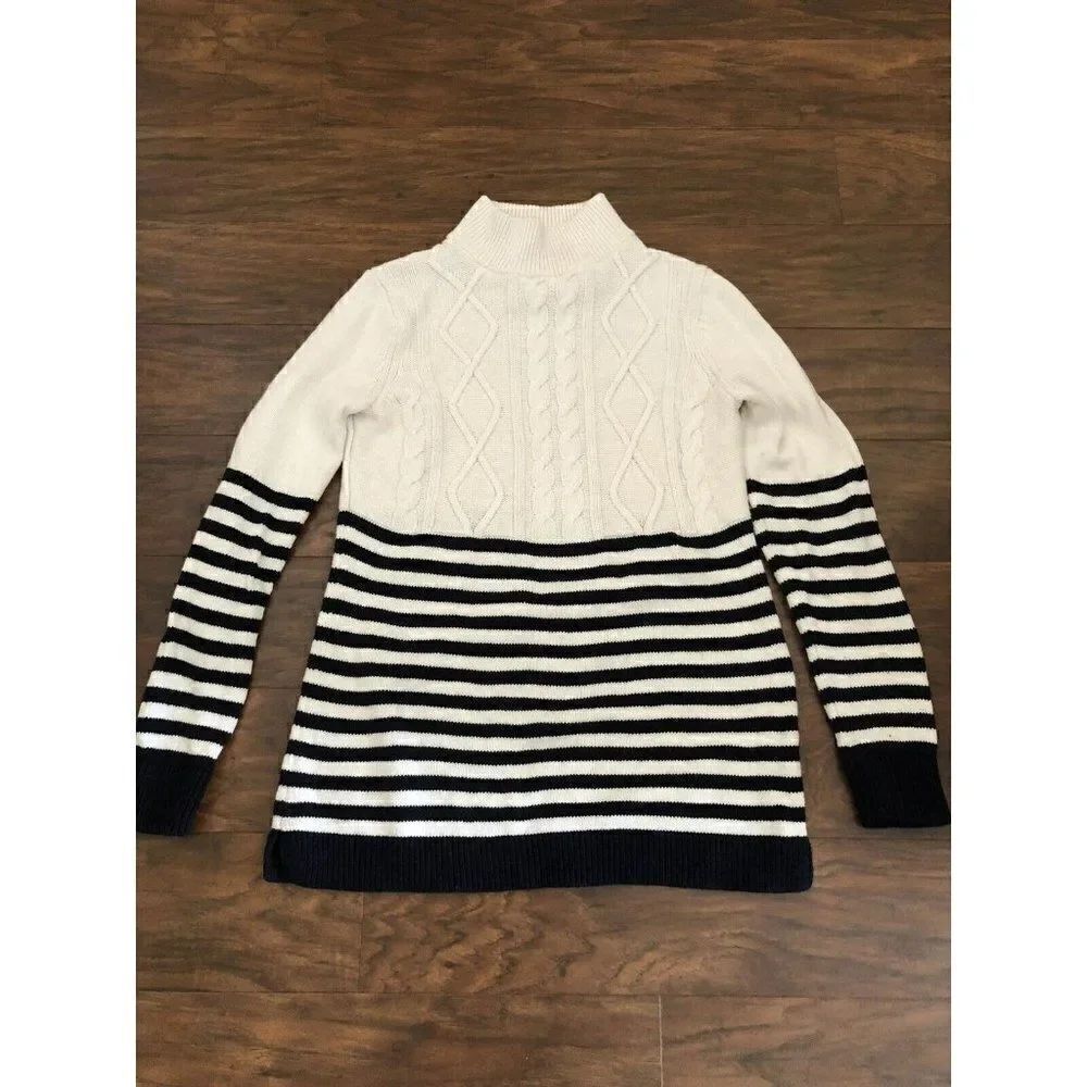Talbots Women Pullover Sweater Black White Striped Mock Neck Petite Size SP